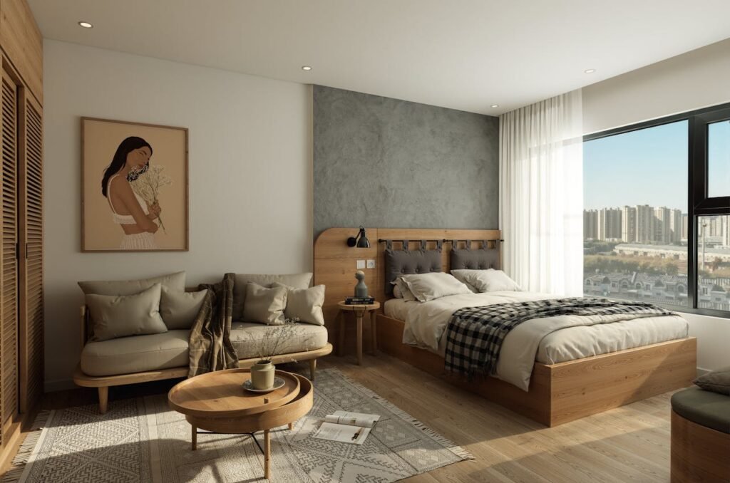 A stylish minimalist bedroom with wooden furniture and a city skyline view through a large window.